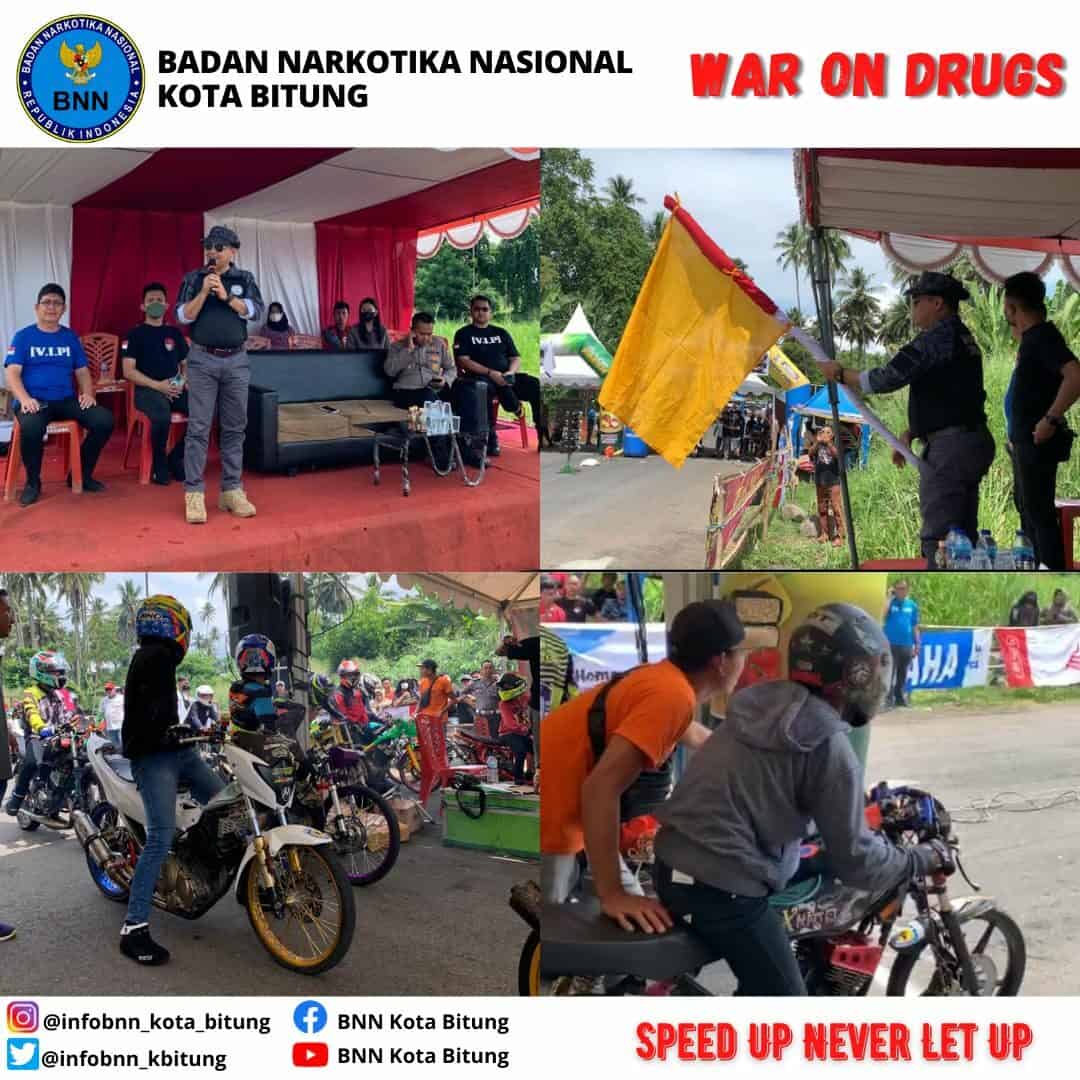 Kepala BNNP SULUT membuka dan memberikan sambutan War On Drugs serta kibar Bendera start pada event Auto Moto Dragrace 2022 dalam rangka HANI 2022, HUT Bhayangkara ke 76 & Anniversary 16 th V.I.P Konsep Otomatis